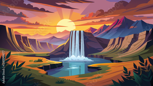 Incredible sunset on Seljalandsfoss. One of the most beautiful waterfalls on the Iceland, Europe. Popular and famous tourist attraction summer holiday destination in on South Iceland. Travel postcard