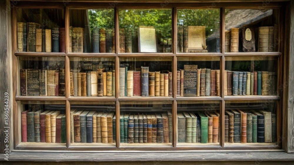 Wooden window display of antique books Wooden window display of antique books