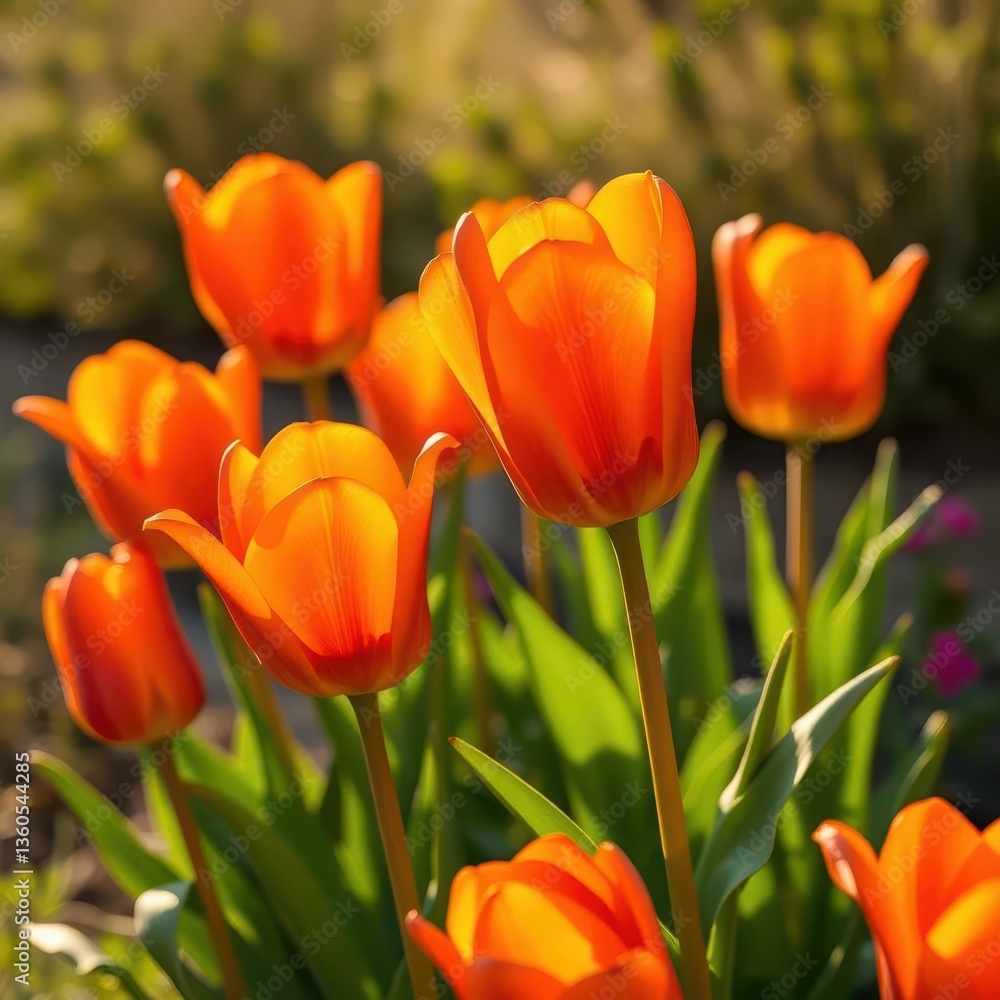 Vibrant orange tulips basking in golden sunlight, petals slightly unfurled, natural, sunlight, spring