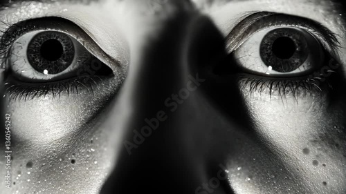 Captivating close-up of intense eyes showing emotion in black and white at night