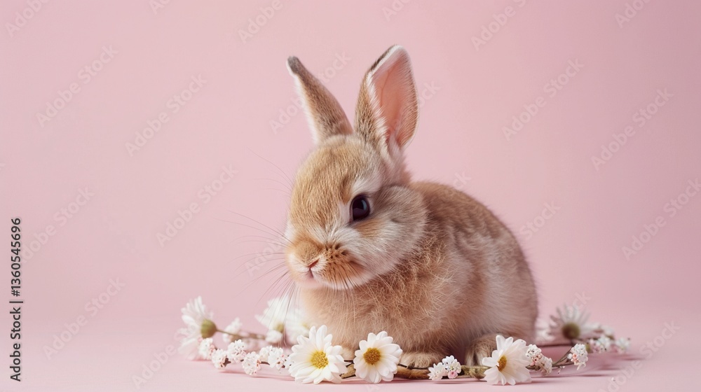 Obraz premium Cute Easter Bunny with Floral Wreath on Pink Background