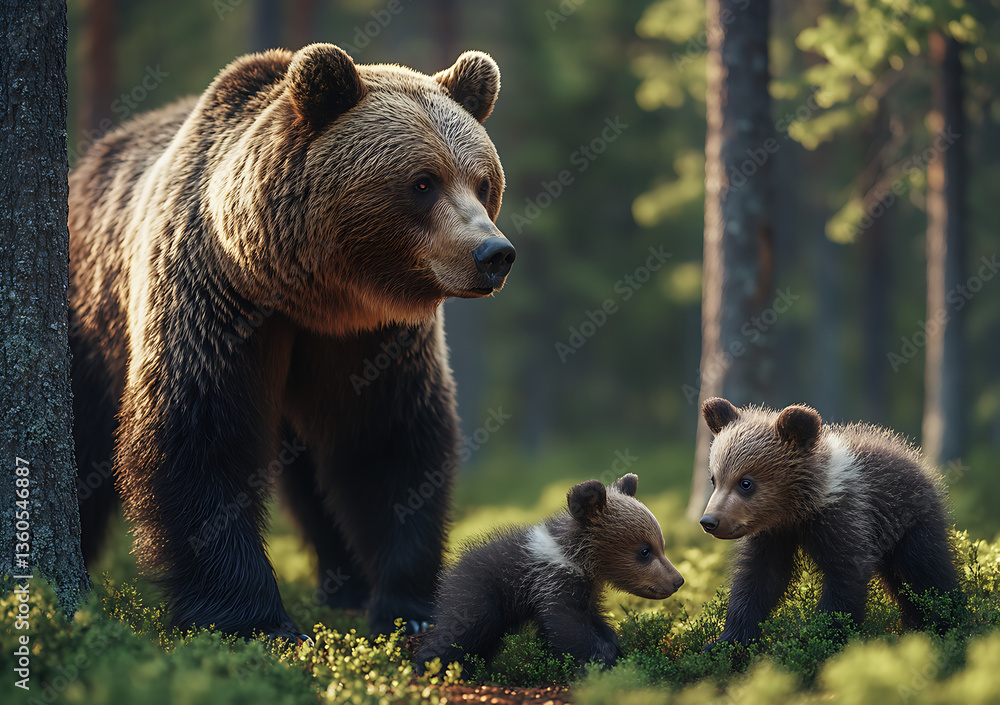 Fototapeta premium Mother bear grizzly and the little bears in the forest