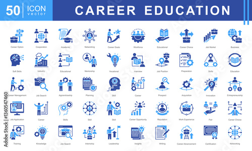 Career Education icon set featuring icons for job search, skill development, mentorship, training, and professional growth. Ideal for career planning, education, and workforce development projects.