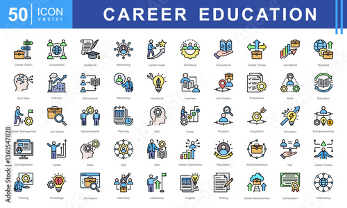 Career Education icon set featuring icons for job search, skill development, mentorship, training, and professional growth. Ideal for career planning, education, and workforce development projects.