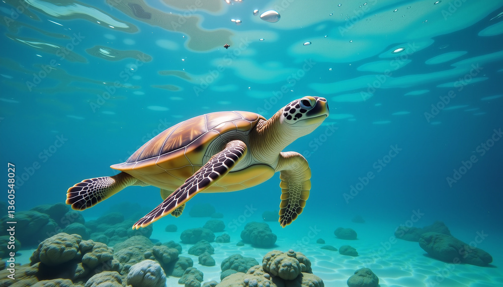 Fototapeta premium A turtle swimming in crystal-clear ocean water environmental conservation theme