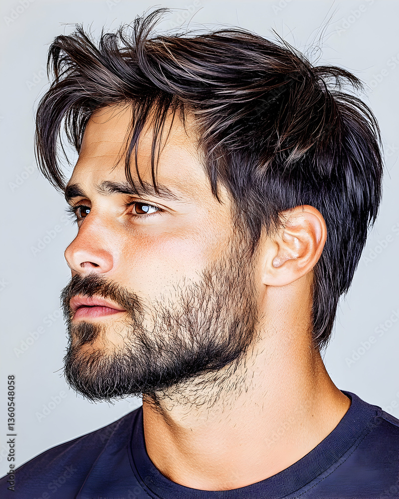 Obraz premium Man's textured hairstyle, beard, profile view, studio