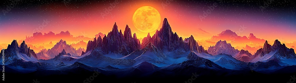 Sunset Peaks with Giant Moon. Sunset Peaks with Giant Moon.