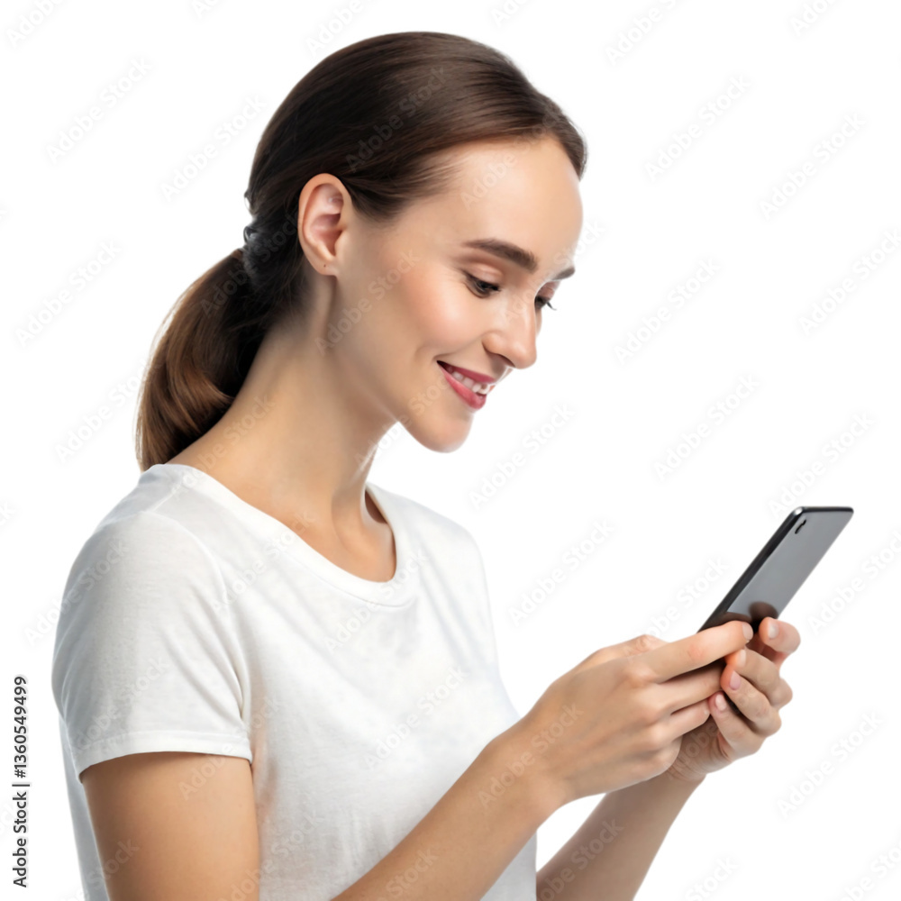 Young woman using a smartphone and smiling Young woman using a smartphone and smiling