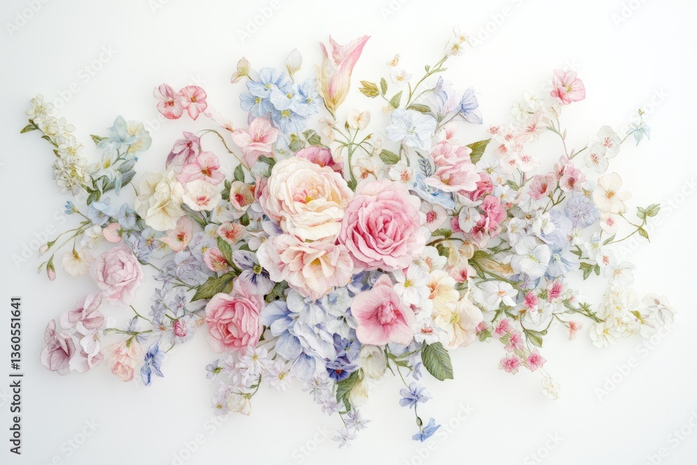 Pastel-colored roses and various flowers arranged in a delicate, artistic composition. Pastel-colored roses and various flowers arranged in a delicate, artistic composition.