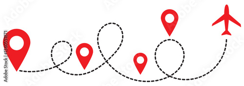 Airplane line path vector icon of air plane flight route with start point and dash line trace