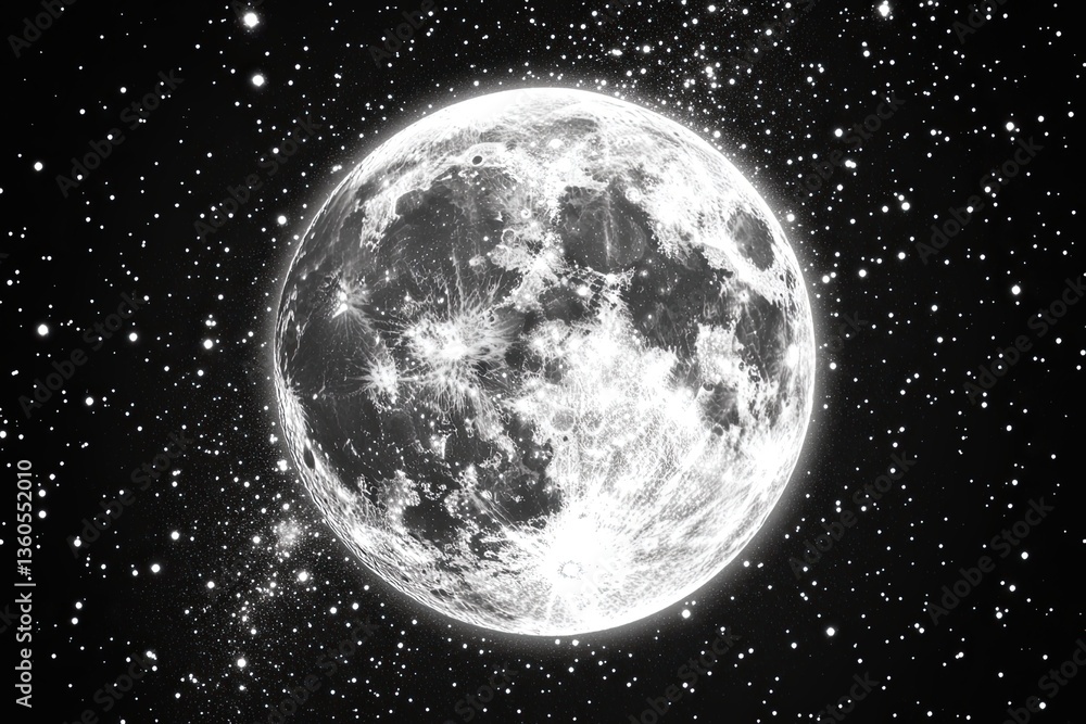 Fototapeta premium The moon glows with intense brightness, set against a backdrop of countless shimmering stars in the cosmic void