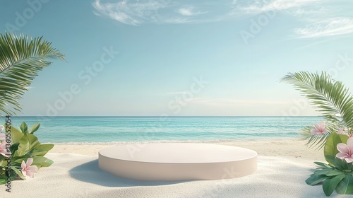 sand beach sea ocean dais empty podium background for product display. summer platform stage pedestal banner for beauty spa sun body care product presentation, summer drink.