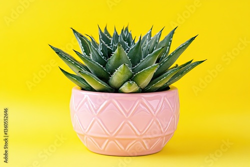 Succulent plant thriving in a pink ceramic pot against a vibrant yellow background