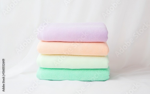 Soft Pastel Towels Stacked Neatly on White Background