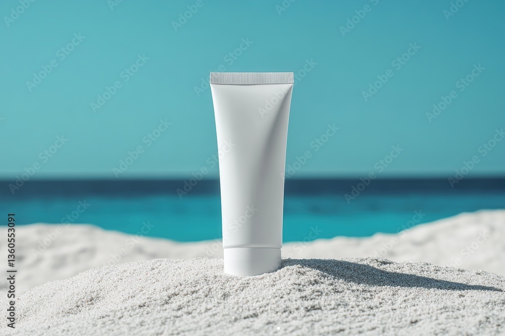 White sunscreen tube on sandy beach with clear blue ocean in the background on sunny day White sunscreen tube on sandy beach with clear blue ocean in the background on sunny day