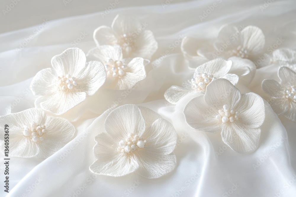 Delicate white fabric flowers adorned with pearls, arranged on a silk background. Delicate white fabric flowers adorned with pearls, arranged on a silk background.
