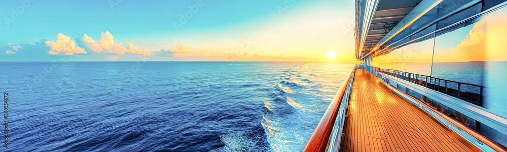 Fototapeta premium Panoramic view of cruise ship on the sea with beautiful sunset. Summer vacation concept.