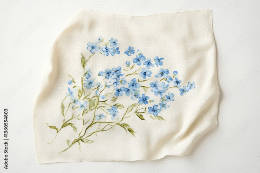 Cream fabric with hand-painted blue forget-me-nots, delicate and elegant floral design. Cream fabric with hand-painted blue forget-me-nots, delicate and elegant floral design.