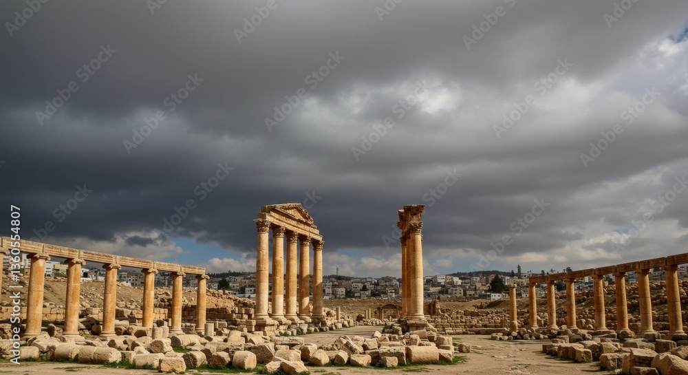 Fototapeta premium Dramatic Sky Over Roman Columns in Jerash, Jordan
