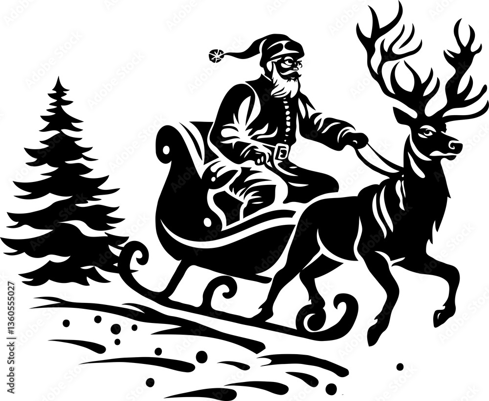 Santa Claus riding a sleigh pulled by a reindeer, with a pine tree in the background. Black and white silhouette on a white background. Christmas theme Santa Claus riding a sleigh pulled by a reindeer, with a pine tree in the background. Black and white silhouette on a white background. Christmas theme