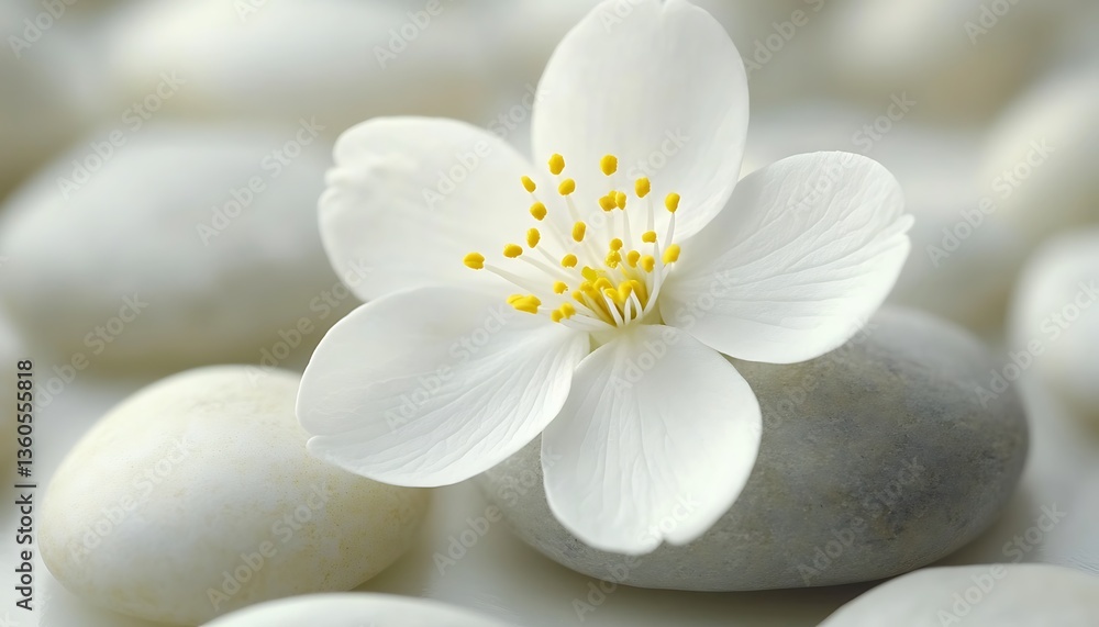 A delicate white flower rests atop smooth neutral toned stones A delicate white flower rests atop smooth neutral toned stones