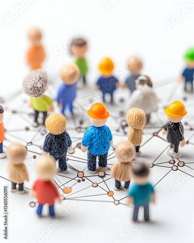 Miniature figures networking on white background