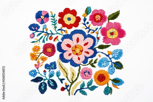 Vibrant floral embroidery design featuring colorful flowers and leaves, showcasing intricate hand-stitching.