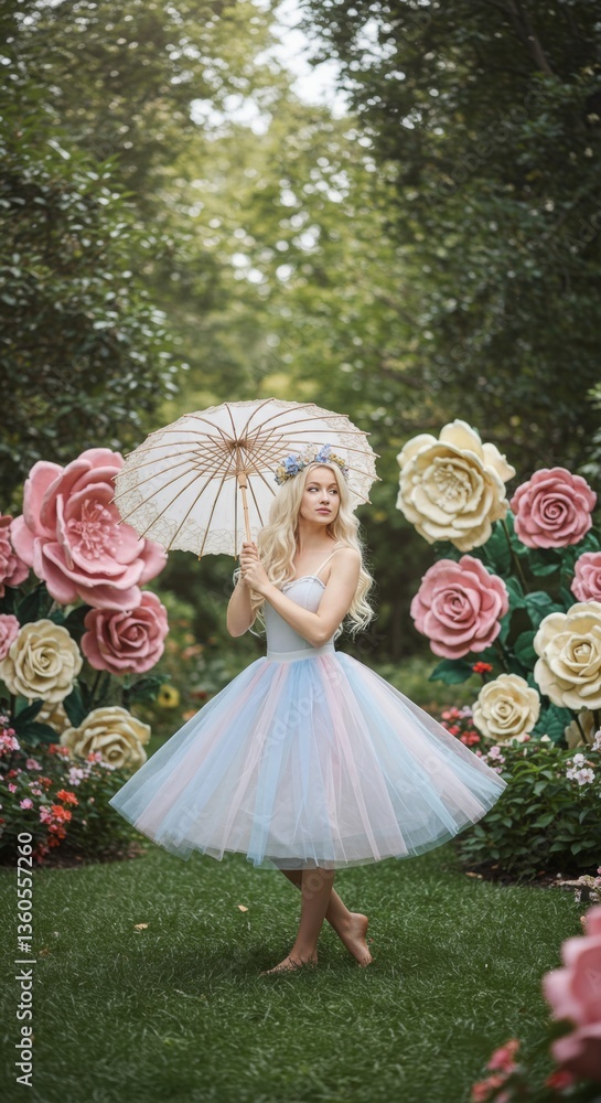 Fototapeta premium Enchanting garden scene with woman in pastel dress and floral backdrop