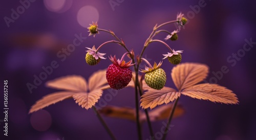 Dreamy Bokeh Photograph of Forest Strawberry Bush with Purple Background