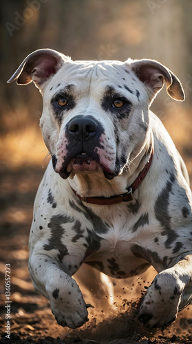 Beautiful white pit bull dog breed running gracefully on a dirt path, pets and animals background, wallpaper