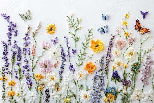 Intricate embroidery showcasing a vibrant meadow of wildflowers and butterflies, a delightful springtime scene.