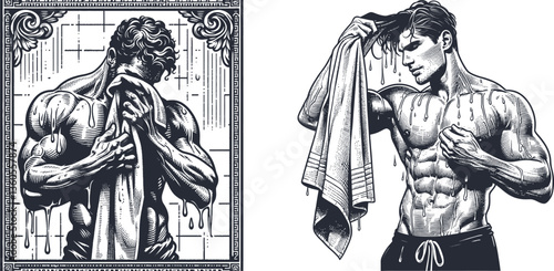 Engraving Design Set of Muscular Man Wiping Wet Body with Towel - Bold and Strong Art muscular man flexing bicep clean, wiping body, wet skin, towel, drying off, after shower, body care, self-care