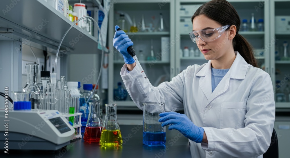 Scientist conducts experiment in modern laboratory setting Scientist conducts experiment in modern laboratory setting
