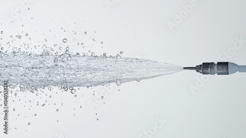 High-pressure water jet spraying droplets against a white backdrop