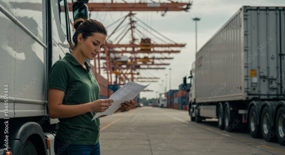 Logistics management at busy shipping port with female worker in uniform overseeing operations Logistics management at busy shipping port with female worker in uniform overseeing operations