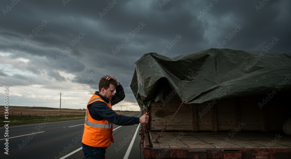 Man securing tarp on trailer during stormy weather for road safety Man securing tarp on trailer during stormy weather for road safety