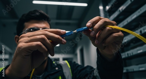 Skilled Fiber Optic Engineer Working on FTTx Cable