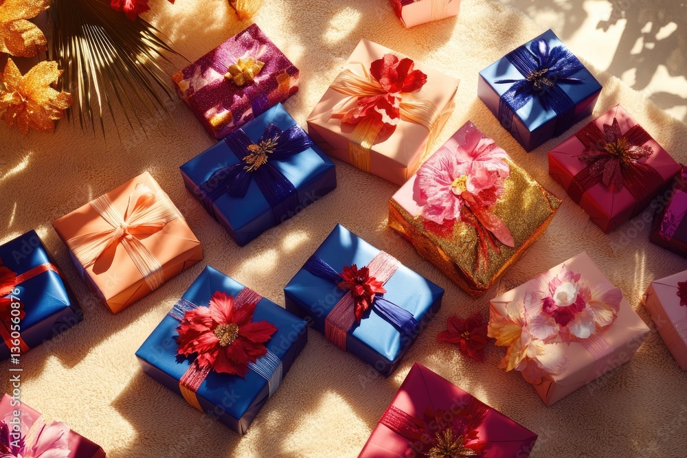 Sunlit array of festively wrapped gifts adorned with flowers, ribbons, and glitter. Sunlit array of festively wrapped gifts adorned with flowers, ribbons, and glitter.