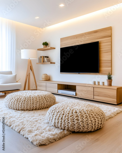 Modern living room with wooden TV unit, plush ottomans
