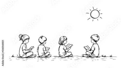 Kids reading books together. Sun shines above grass. Educational material learning concept. Line art monochrome vector illustration.