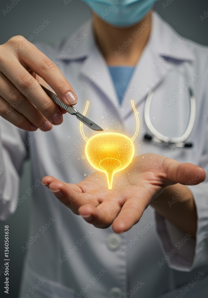 Medical concept of urology and healthcare with doctor holding holographic bladder Medical concept of urology and healthcare with doctor holding holographic bladder