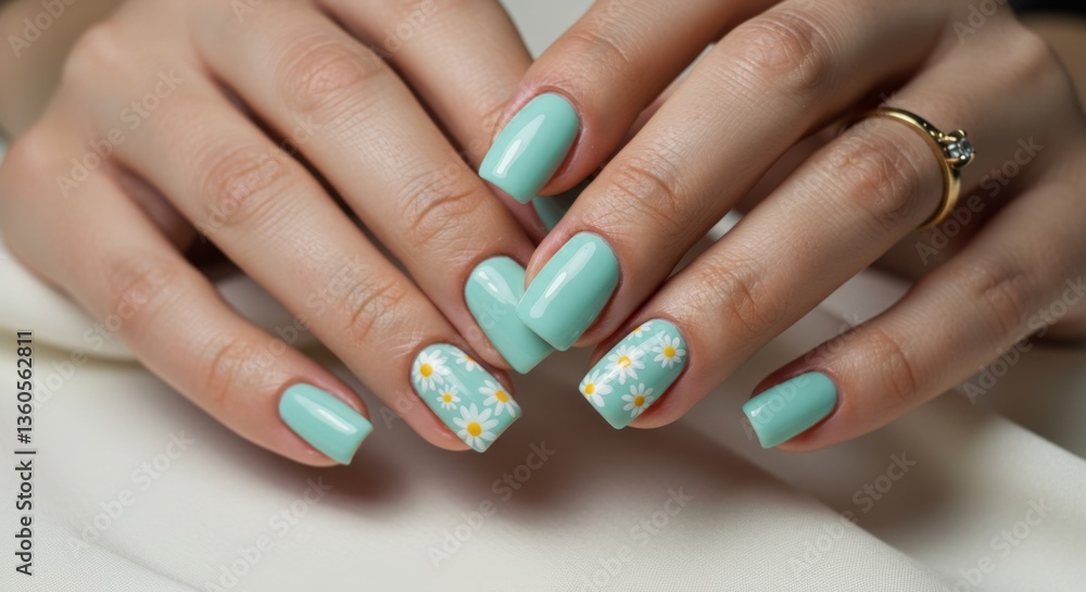 Elegant floral nail art design on mint green manicure for fashion and beauty inspiration Elegant floral nail art design on mint green manicure for fashion and beauty inspiration