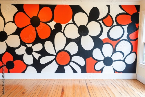 Giant pop-art inspired flowers create a bold modern floral art installation in a monochrome room with clashing colors