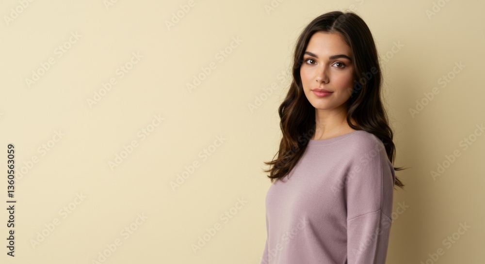 Fototapeta premium Portrait of a young woman in casual attire with neutral background for lifestyle and fashion design
