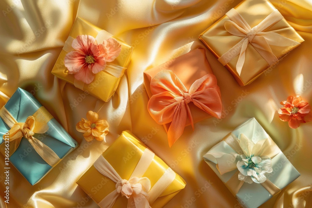 Beautifully wrapped gifts adorned with flowers rest on golden silk, bathed in sunlight. Beautifully wrapped gifts adorned with flowers rest on golden silk, bathed in sunlight.