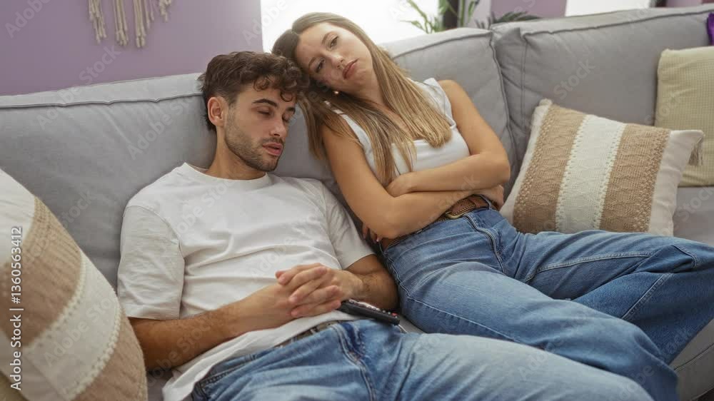 Couple relaxing on a cozy sofa in a modern living room, enjoying a peaceful moment at home in comfortable casual attire, highlighting the warmth of their intimate relationship. Couple relaxing on a cozy sofa in a modern living room, enjoying a peaceful moment at home in comfortable casual attire, highlighting the warmth of their intimate relationship.