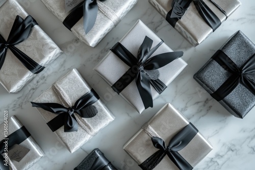 Elegantly wrapped silver and black gifts arranged on a marble surface.