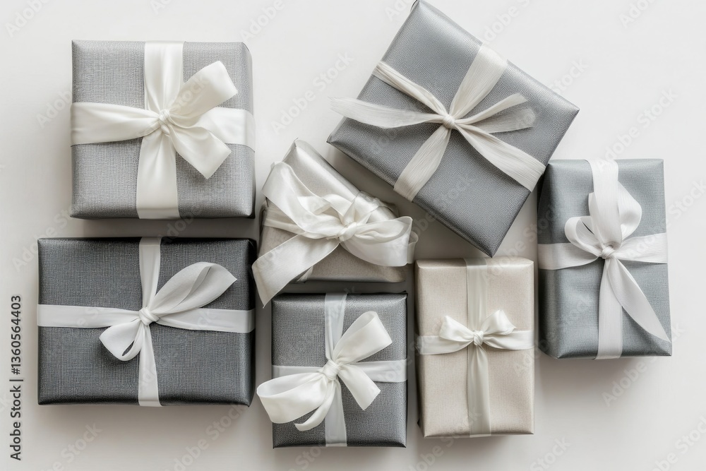 Six elegantly wrapped gifts in silver and beige, tied with white ribbons. Six elegantly wrapped gifts in silver and beige, tied with white ribbons.