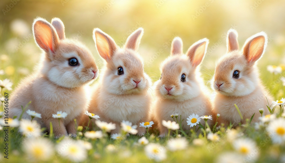 A group of adorable fluffy baby rabbits sitting in a meadow filled with daisies, bright and warm lighting, soft and natural color palette, dreamy and cute aesthetic