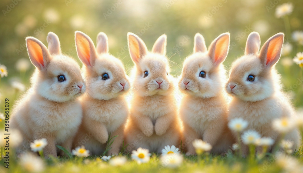 A group of adorable fluffy baby rabbits sitting in a meadow filled with daisies, bright and warm lighting, soft and natural color palette, dreamy and cute aesthetic